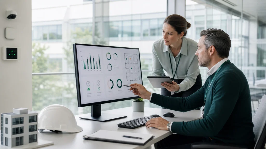 Tesis yönetiminde SLA ve KPI performansını inceleyen operasyon ekibi