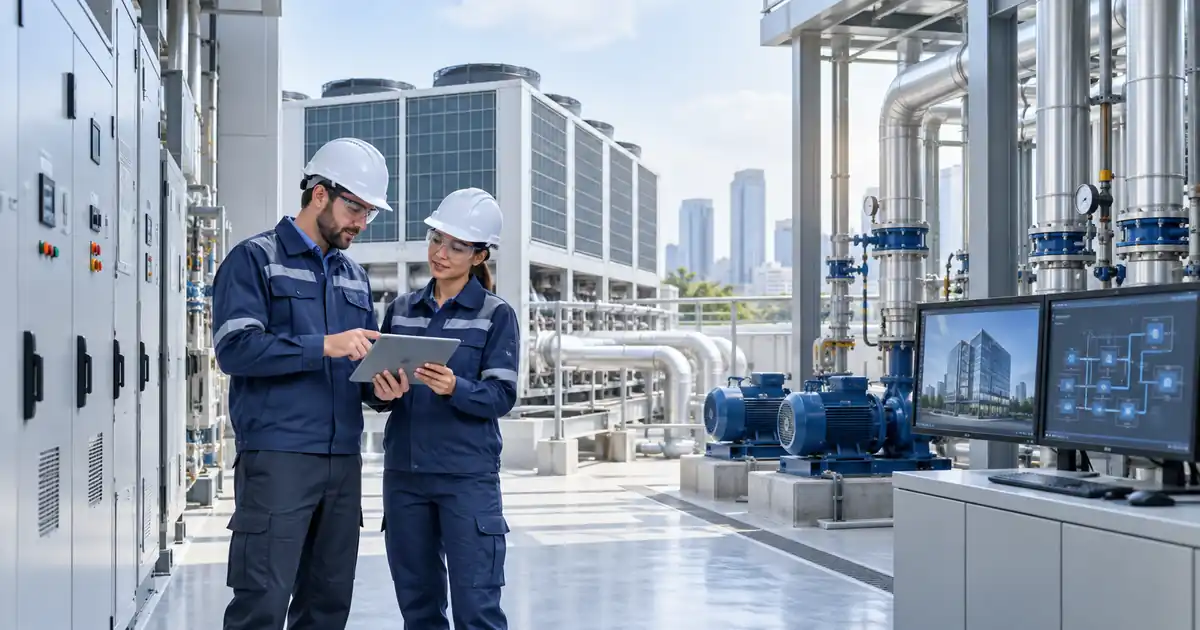 Teknik işletme ve bakım hizmetleri kapsamında teknik sistemleri kontrol eden mühendisler